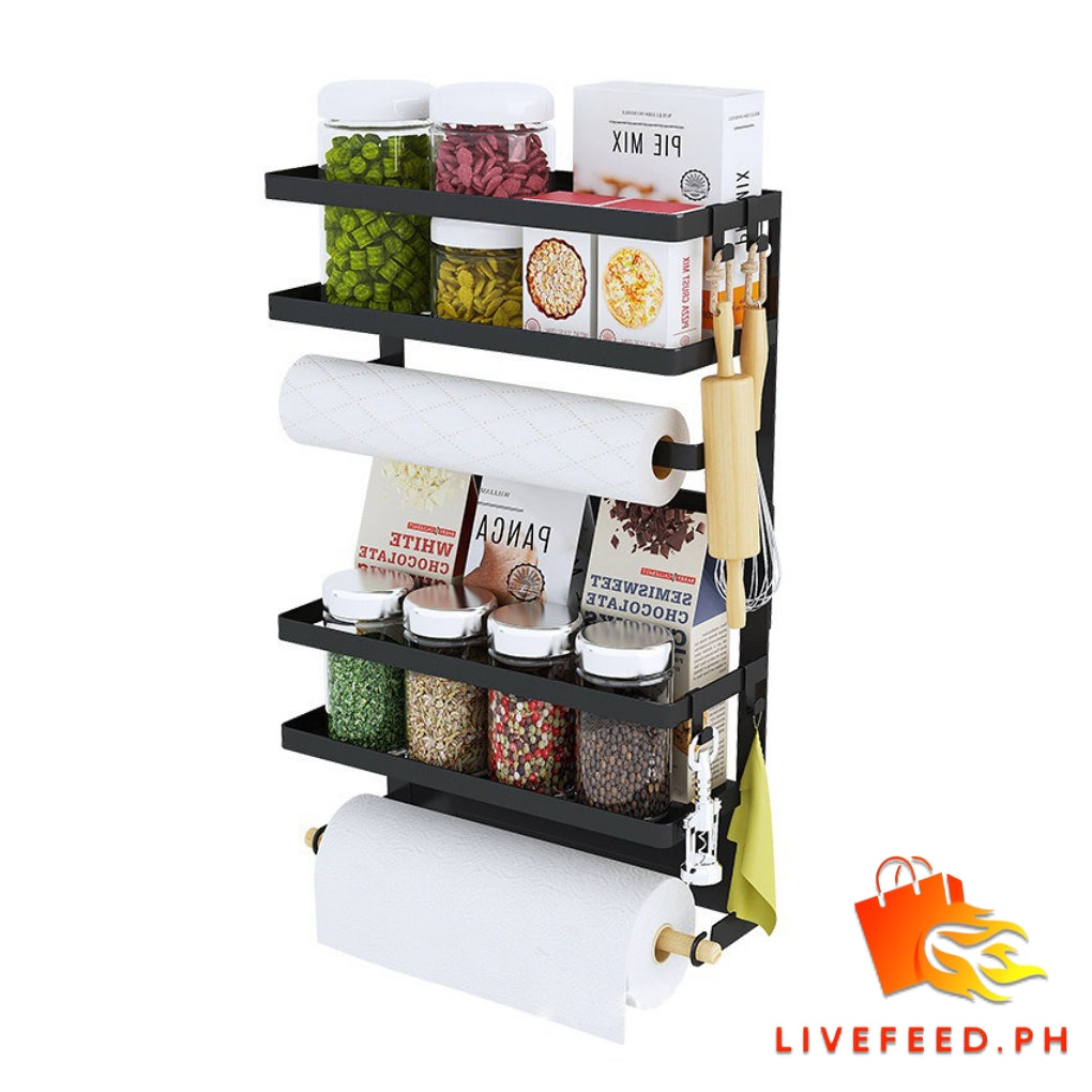 Magnetic Refrigerator Storage Rack | Wall-mounted Kitchen Organizer with Hooks and Wooden Holders