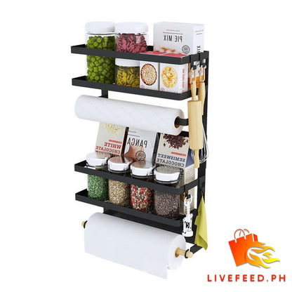 Magnetic Refrigerator Storage Rack | Wall-mounted Kitchen Organizer with Hooks and Wooden Holders