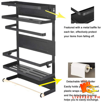 Magnetic Refrigerator Storage Rack | Wall-mounted Kitchen Organizer with Hooks and Wooden Holders