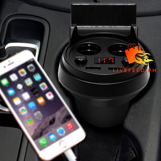 Dual USB Car Charger Cup – 12V-24V Mobile Phone & Device Charger with Power Switch