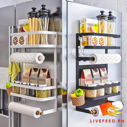 Magnetic Refrigerator Storage Rack | Wall-mounted Kitchen Organizer with Hooks and Wooden Holders