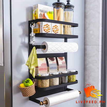 Magnetic Refrigerator Storage Rack | Wall-mounted Kitchen Organizer with Hooks and Wooden Holders