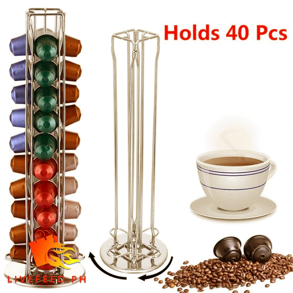 40-Pod Nespresso Capsule Holder Tower – Rotating Stainless Steel Stand for Easy Access