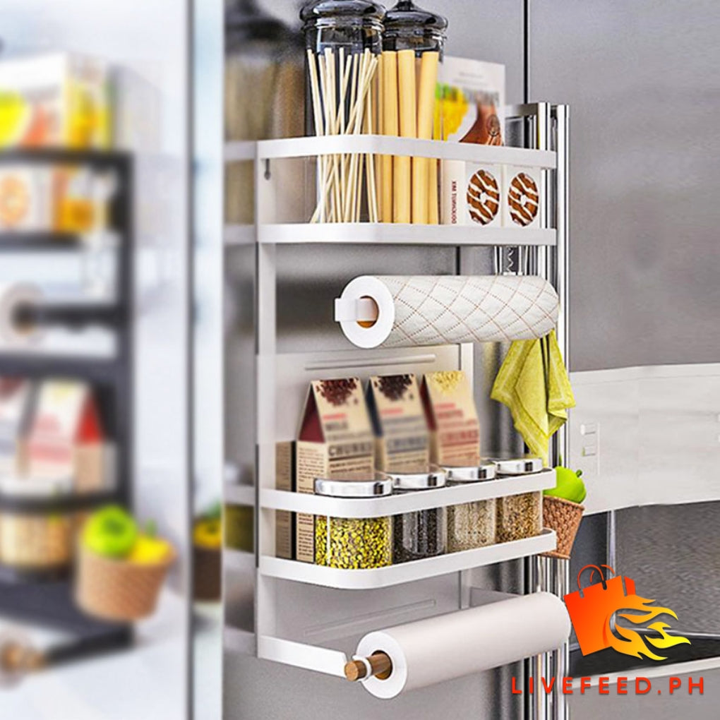 Magnetic Refrigerator Storage Rack | Wall-mounted Kitchen Organizer with Hooks and Wooden Holders